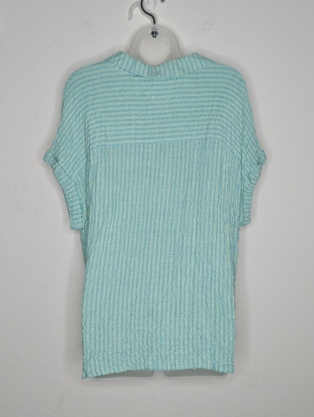 Jane + Delancey Blue Green Striped Top L Textured Short Sleeve Collared Blouse - Picture 6 of 9